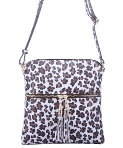 White Leopard Zip Tassel Crossbody Bag BROWN